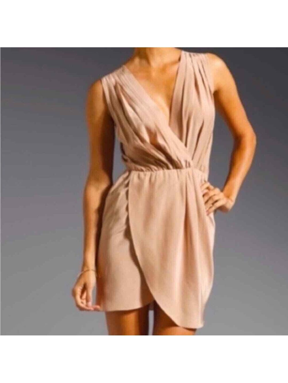Amanda Uprichard Crystal Silk Sleeveless Champagne Mini Faux Wrap Dress